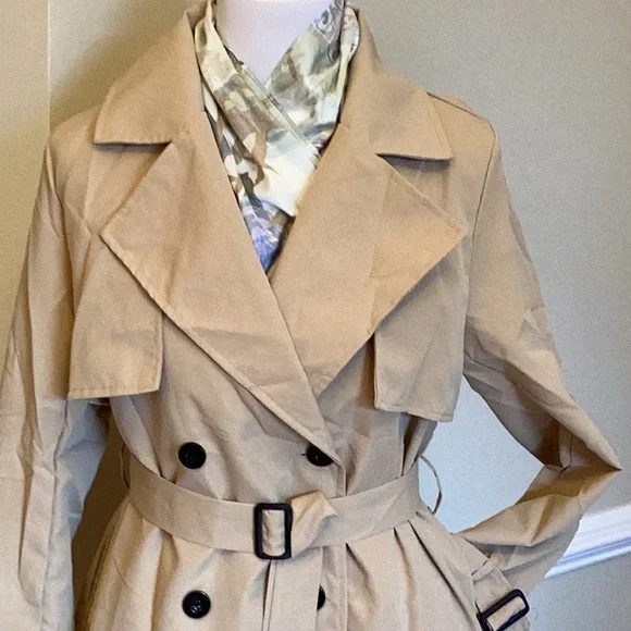 New knee length trench coat,size large double breasted buckle straps sleevesNWOT - Picture 2 of 9